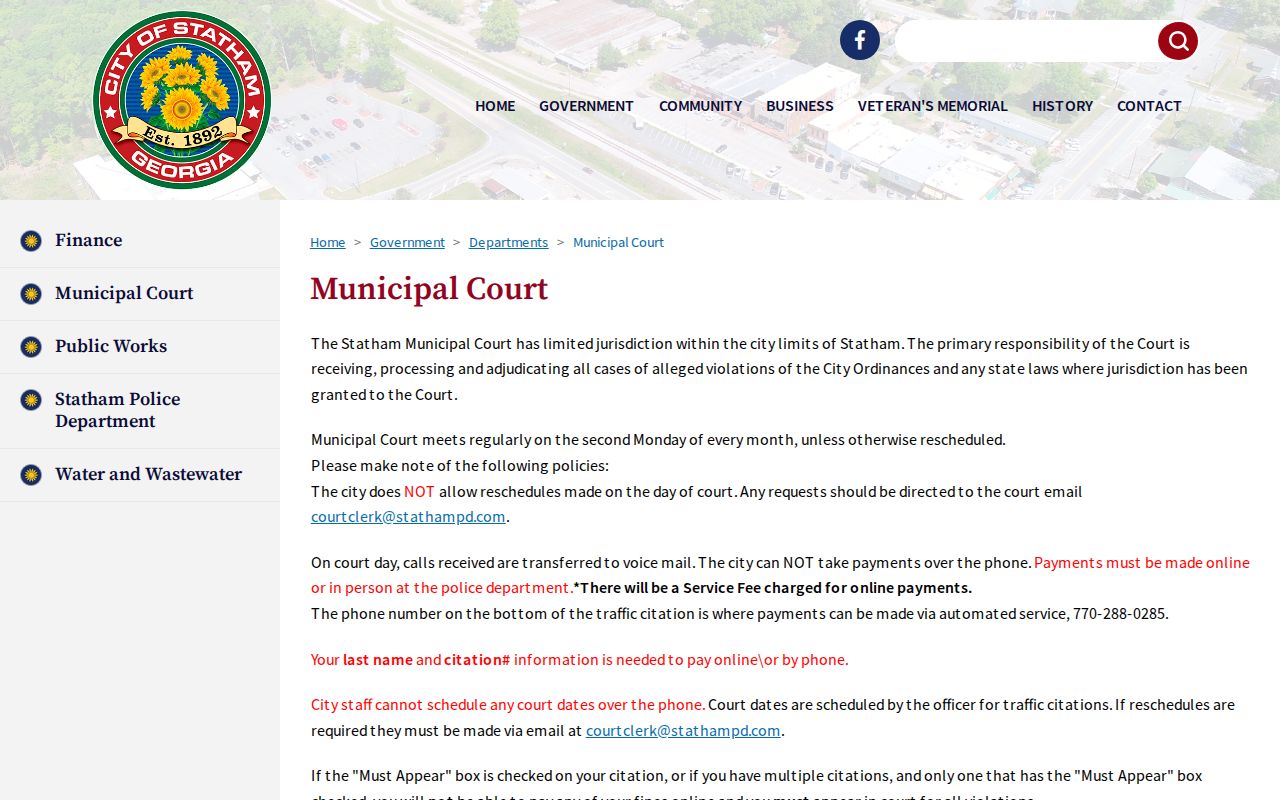 Statham warrant records and municipal citation payment instructions