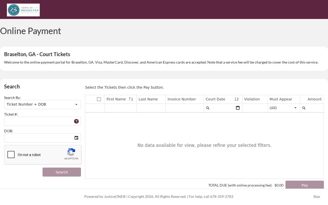 Braselton-linked JusticeOne citation search interface